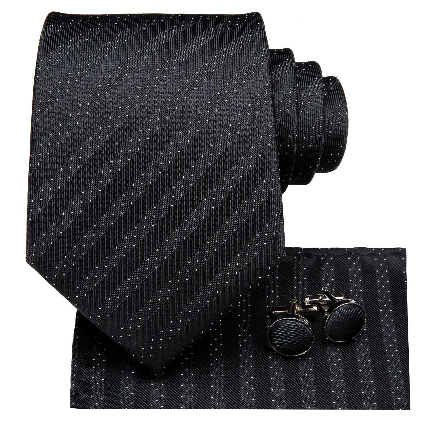 Black Stripes Mens Tie Handkerchief Cufflinks Set Necktie for Men Male Wedding Business Ties Formal Dad Husband GiftW251028
