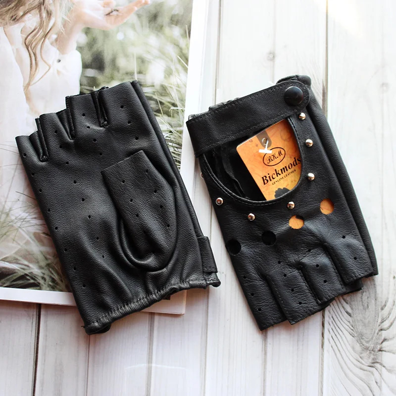 Summer Leather Driving Half Finger Gloves For Womens Fashionable Hollow Out Thin Motorcycle Riding Short Sheepskin Gloves 251027