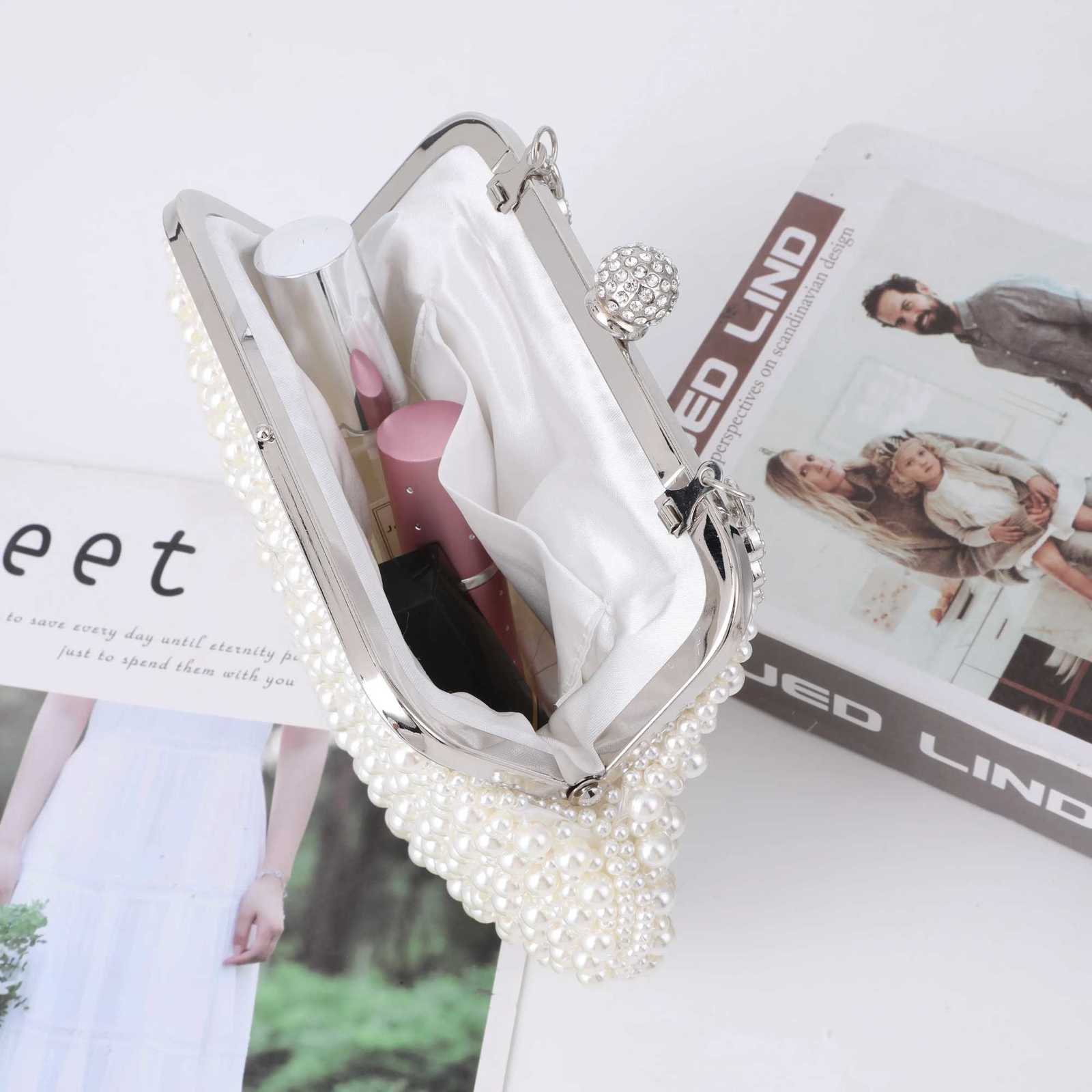 Elegant Diamond Inlaid Pearl Shoulder Handbag for Women Ideal Evening Bag with Embellishments for Party And Evening Dress H2510271