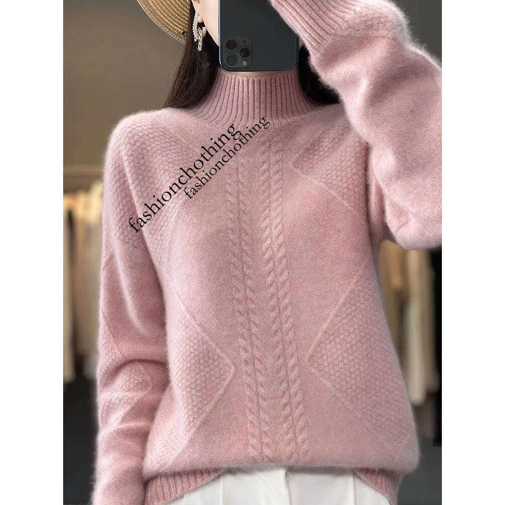 Women Mock Neck Pullovers Cashmere Sweater Autumn Winter Thick Warm Twist Casual 100% Merino Wool Knitwear Korean Fashion Tops