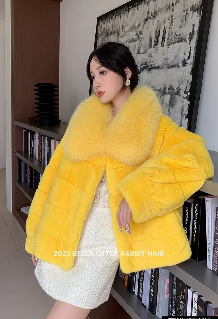 Womens Long Rex Rabbit Fur Coat Natural Full Pelt Jacket with Real Fox Fur Collar Fashionable Winter Outerwear 251027