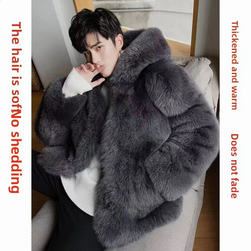 Autumn Winter Men Fox Fur Hooded Coat Fashion Light Warm Coat Thickened Comfortable Fur Coat Men Brown Fur 251027