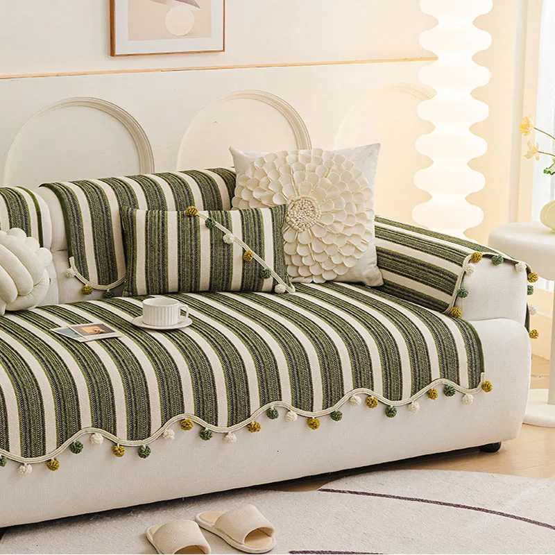 Stripe Chenier Sofa Cushion with Fur Balls Irregular AntiSlip Sofa Cover for Living Room Cozy WearResistant Couch Slipcover C251028