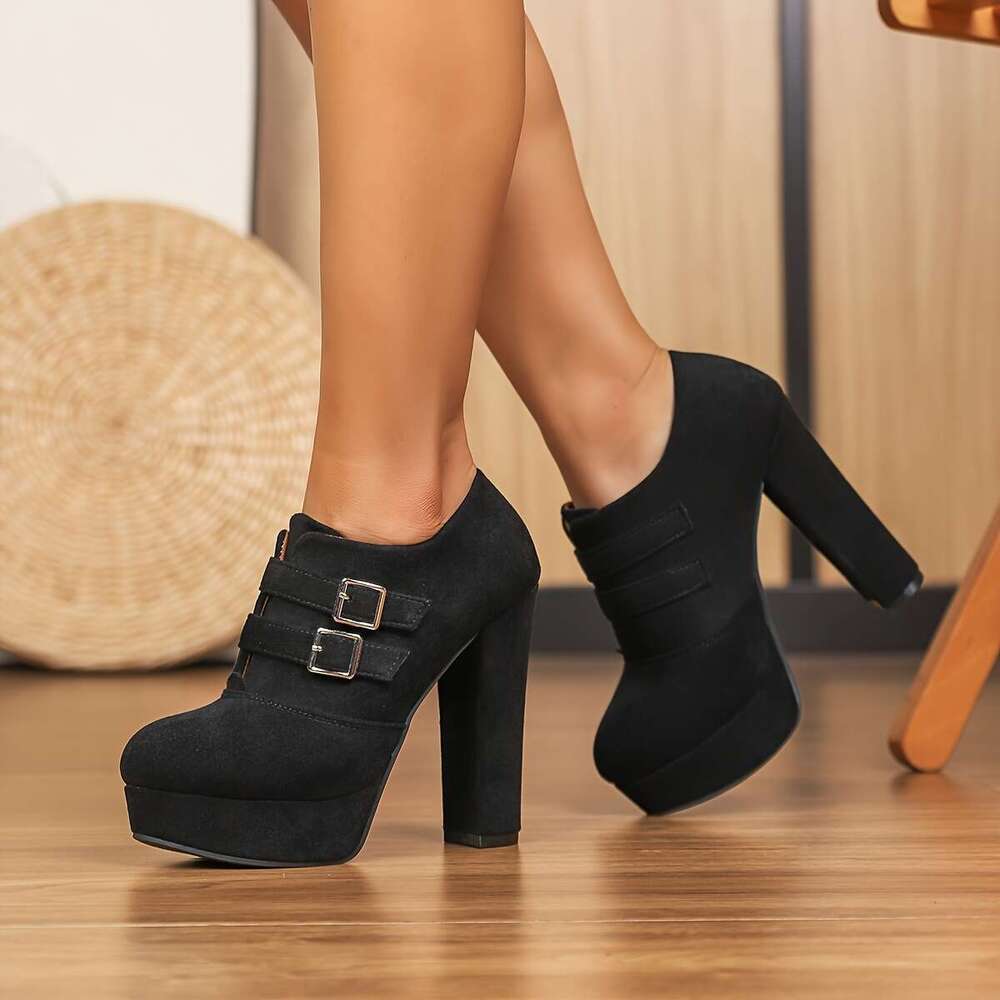 Women's Fashion High Heel Ankle Boots, Autumn And Winter Season, New Style, Chunky Heel, Round Toe, Thick Sole, Non-Slip Rubber Outsole, Double B