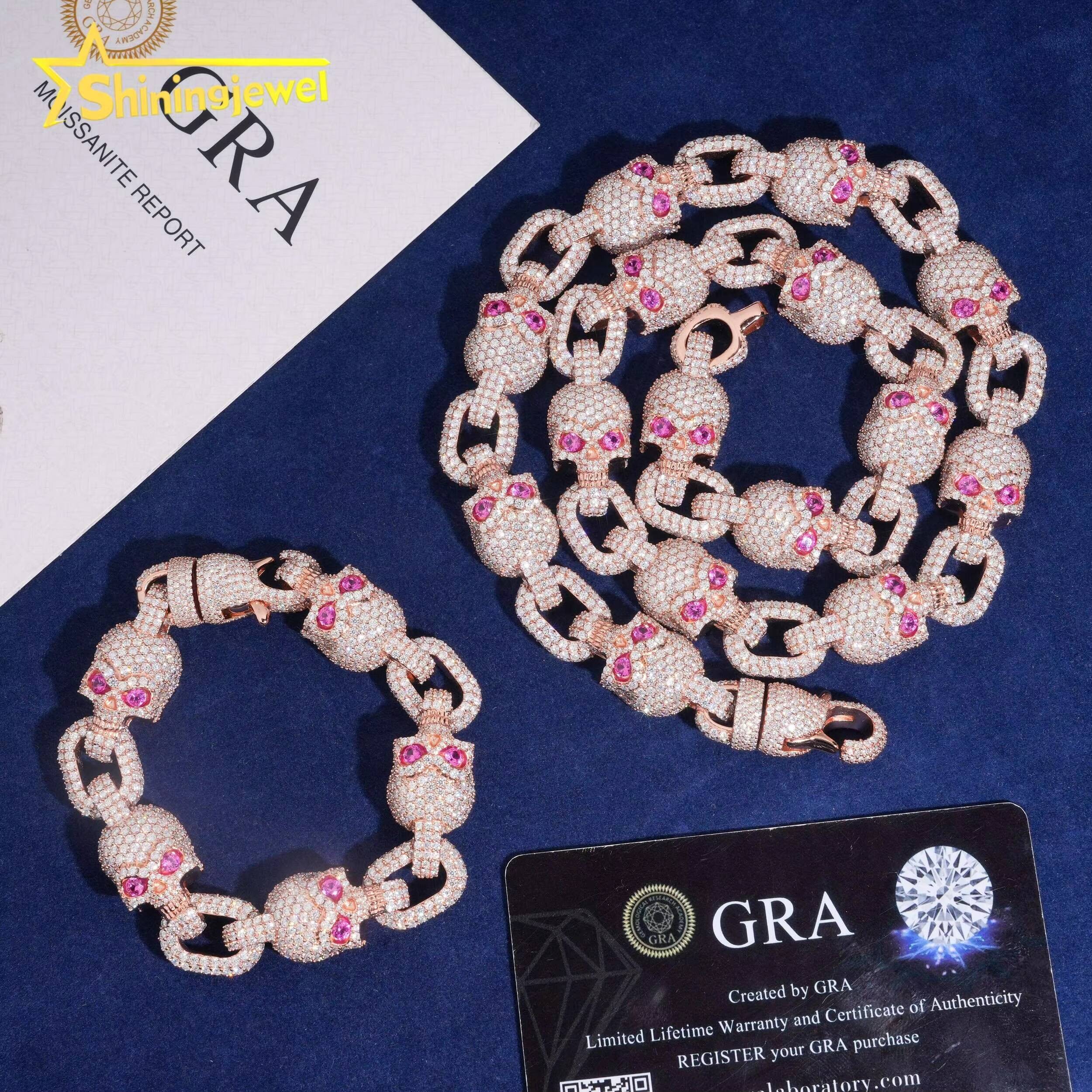 Fine Jewelry Iced Out 925 Silver Rose Gold Pink Skull Chain Hip Hop VVS Moissanite Necklace