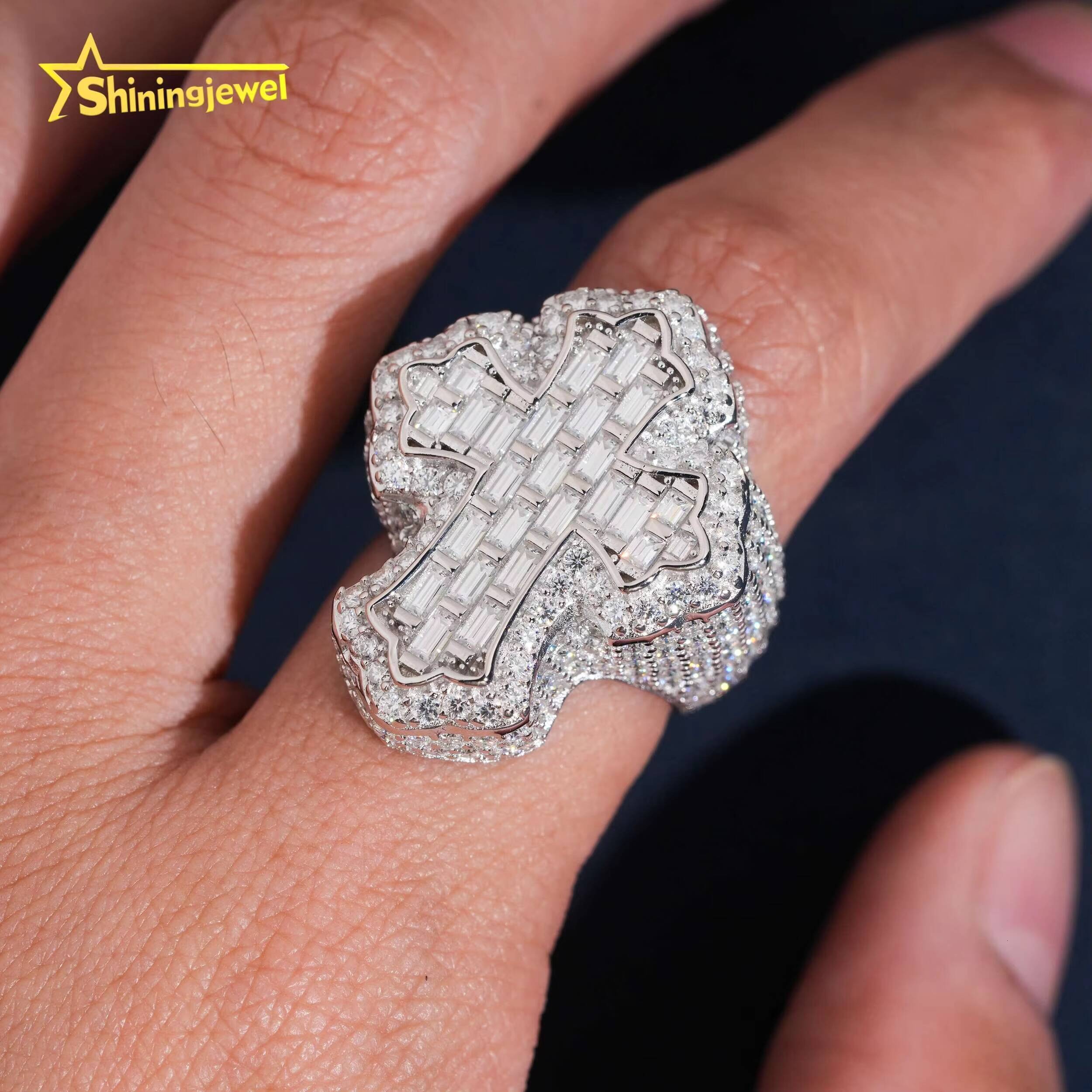 USA Warehouse Shipping 925 Silver Iced Out Baguette Moissanite Cross Ring Custom Hip Hop Moissanite Mens Ring Daily Wear