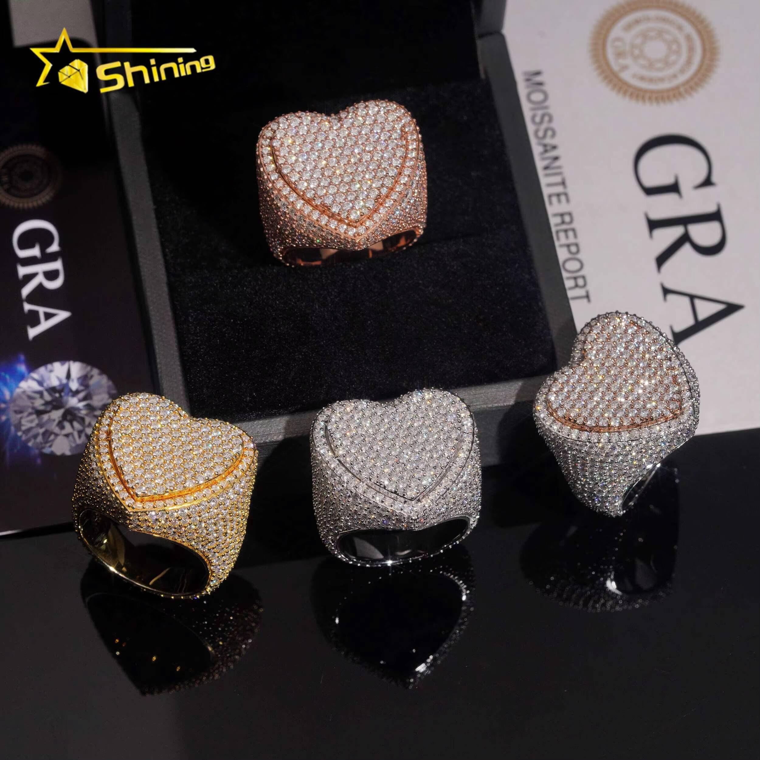 Heart ShapeIced Out Moissanite Ring GRA Pass Diamond Test 925 Sterling Silver Gold Plated Hip Hop Mens Rings
