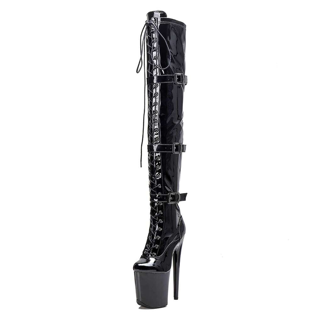 Women's 8" Platform Thigh - Glossy Black PU Cover Stiletto Boots With Zipper Closure, Round Toe Rubber Sole, All-Season Versatile For Casual