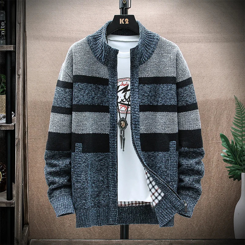 Mens Winter Striped Sweater Cardigan Patchwork Thick Warm Sweaters Coat Fleece Knitwear Zip Up Male Jacket 251017