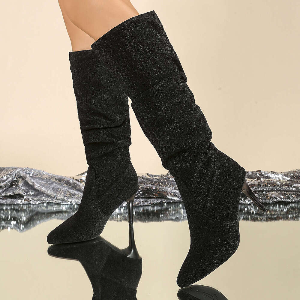 Women's Slip-On Pointed Toe Knee-High Boots - Faux Cover Upper, Soft Fabric Lining Rubber Sole, Black Solid Color For Casual & Ocns, High Heel Bo