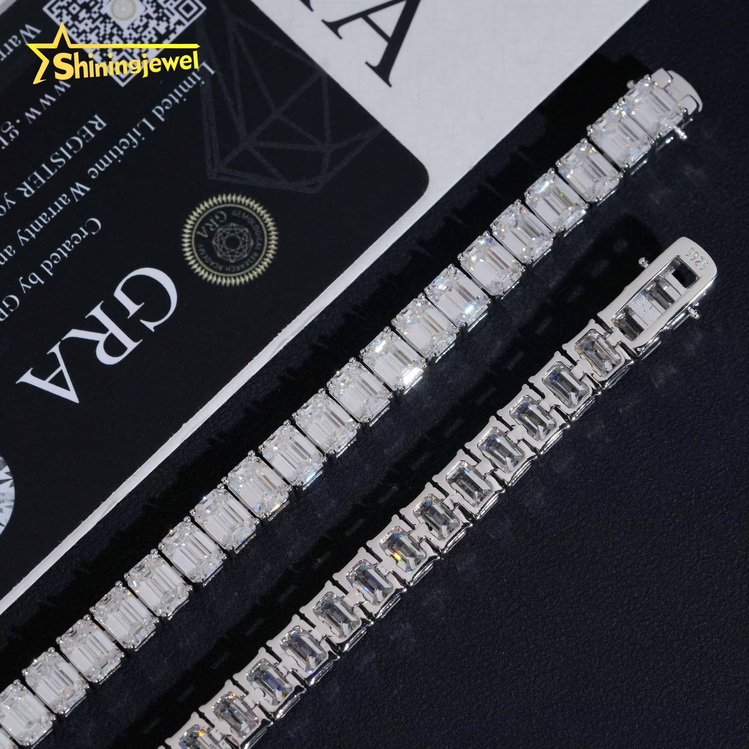 Luxury Fashion Fine Jewelry GRA Certificate 925 Silver Emerald Cut 57mm Moissanite Diamond Tennis Chain Bracelet