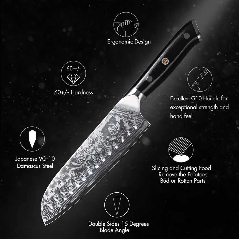 TURWHO 7 Japanese Santoku Knife Damascus Steel Professional Chef Knife Sliced Meat Chop Beef Kitchen Cooking Tool W250208