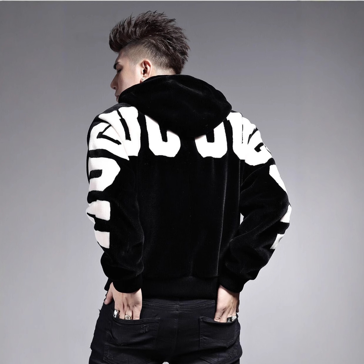 Men's Jackets Winter Fashion Trend Printed And Plush Thick Warmth Black With Fleece Luxurious Design Hooded Jacket For Casual Loose Sports Windpr