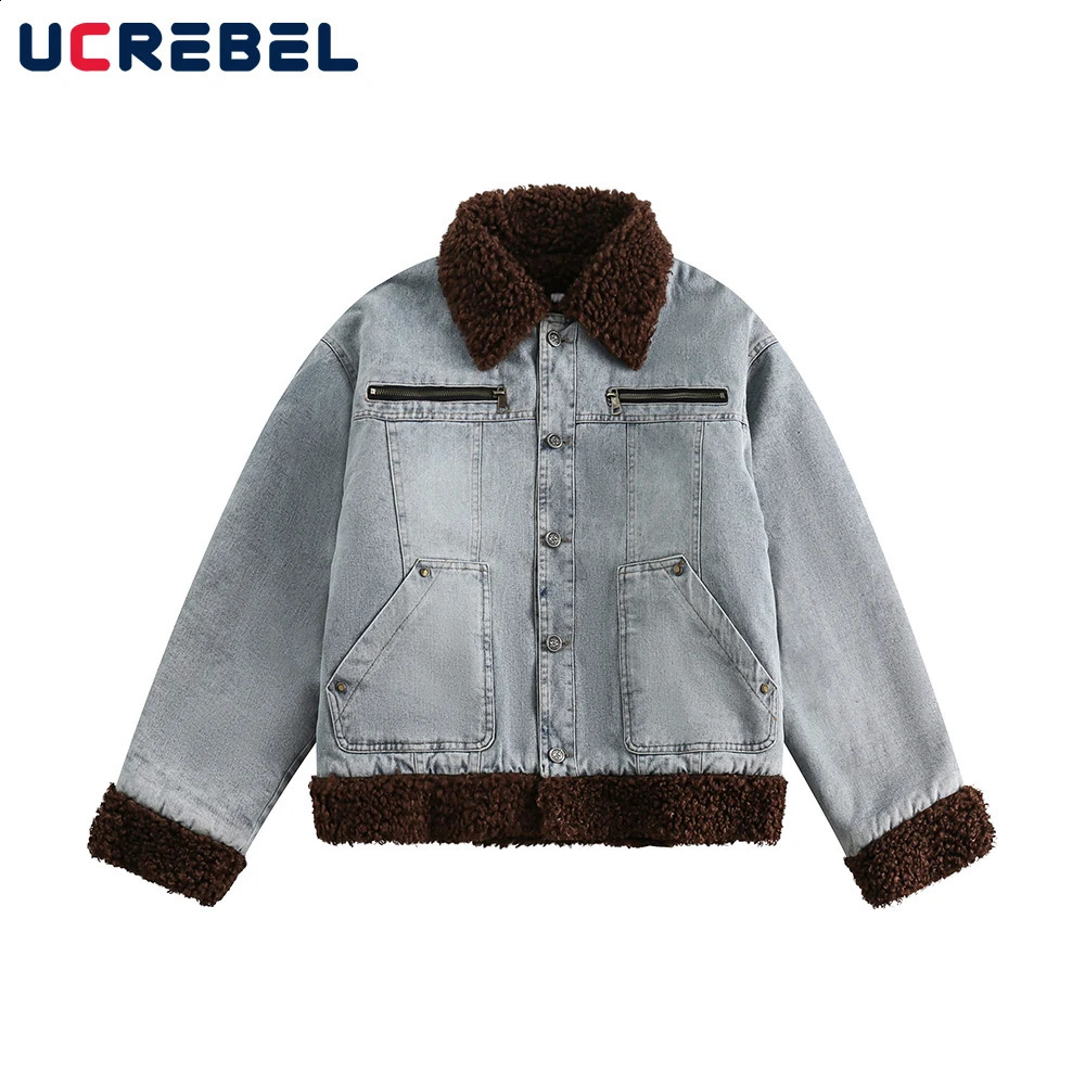 Sherpa Spliced Denim Padded Jacket Mens Pocket Winter High Street Washed Distressed Lapel Long Sleeve Thick Outerwear Man 251017