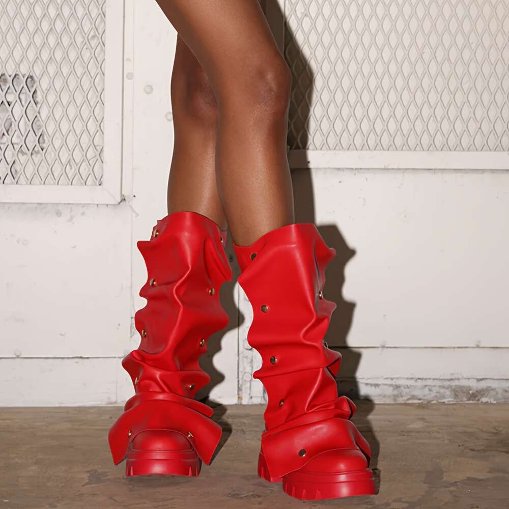 Trendy Women's PU Cover Pleated Loose Round Toe Pull-On Mid-Calf Platform With Thick Rubber Sole - Winter Nightclub Party Boots For Dresses, Soli