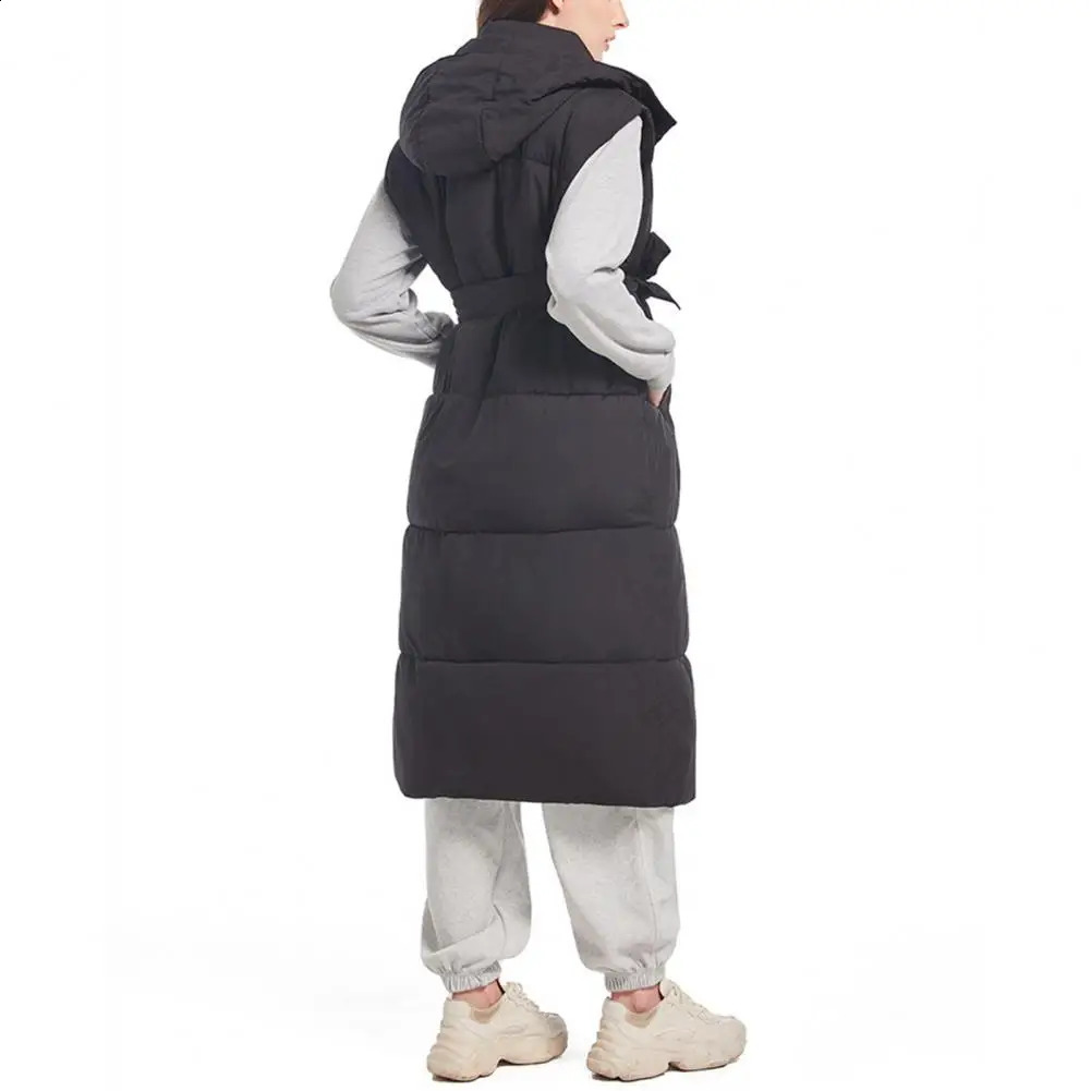 Thicken Winter Women Vest Coat with Belt Padded Stand Collar Sleeveless Calf Length Down Waistcoat Outerwear 251027