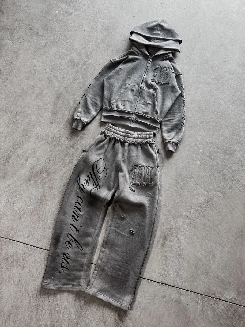 High street retro perforated embroidery American style Casual couple set Harajuku punk loose hooded sweatshirt 251027