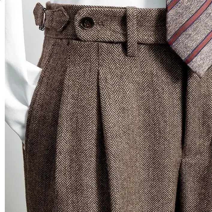 Mens Autumn Winter Fashion High Waist Wool Trousers Male Tweed Casual Pockets Pants Men Long Straight Suit F394 251027