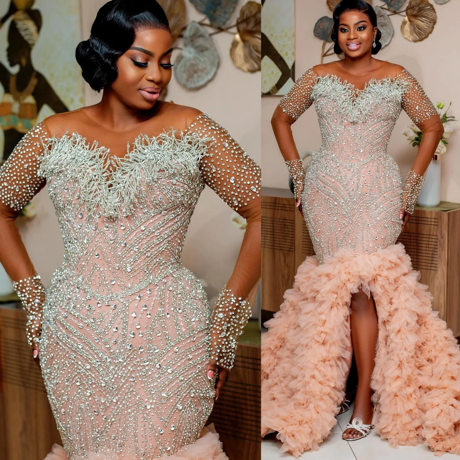 Arabic Aso Ebi Plus Size Mermaid Wedding Dress in Blush Pink with Crystals Beaded Sheer Neck Tiers and Luxurious Vintage Style
