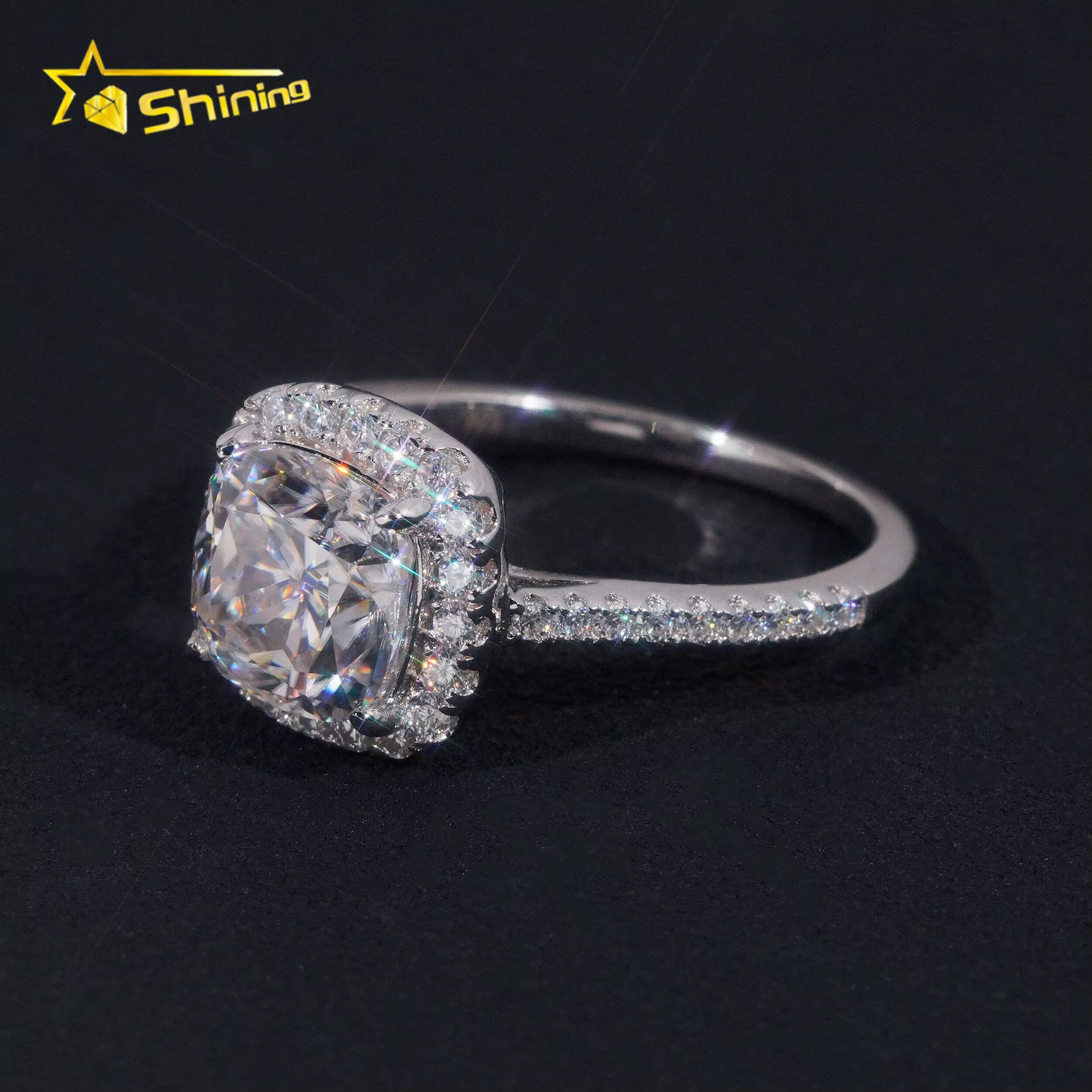 Trendy Halo Design 925 Silver Cushion Cut Moissanite Ring Custom Fine Women Finger Moissanite Eternity Wedding Ring