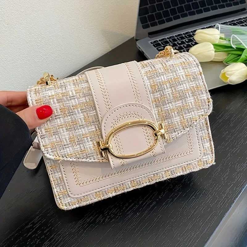 Chic Mini Plaid Tweed Crossbody Bag with Adjustable Strap Fashionable Buckle Closure Available in Cream Green Blue BlackW251028