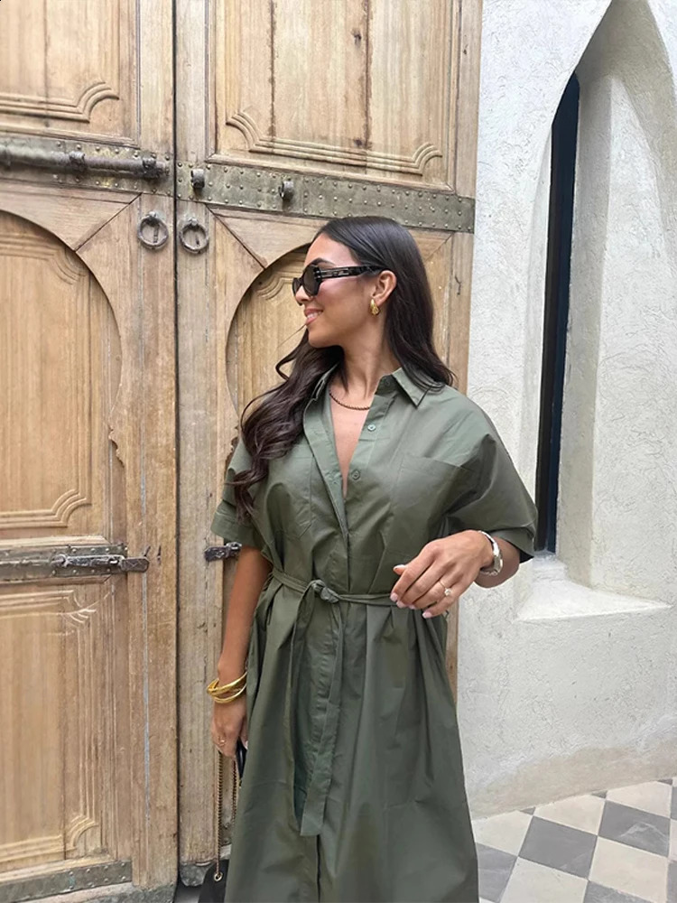 Summer Casual Lapel Shirt Dress Retro Lace Up Short Sleeved Womens Dress Elegant Single Breasted Solid Long Dress 251027