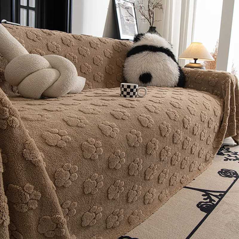 Cute Cat Paw Jacquard Sofa Towel Lovely Solid Color Plush Keep Warm Couch Slipcover AllInclusive Recliner Cover for Living Room C251028
