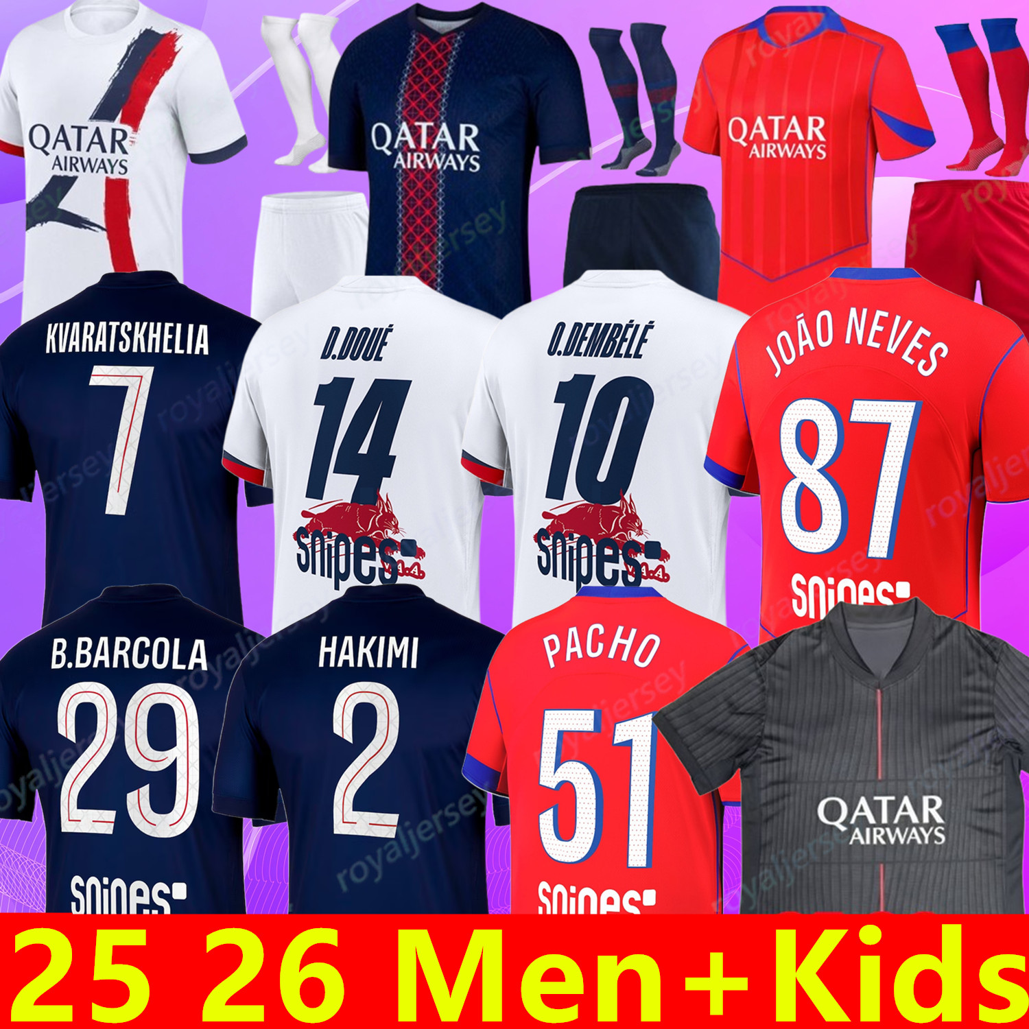 25 26 Jerseys soccer jersey MARQUINHOS Maillots KVARATSKHELIA DEMBELE VITINHA D.DOUE JOAO NEVES HAKIMI N.MENDES Final 2025 2026 Jersey enfants Maillot football