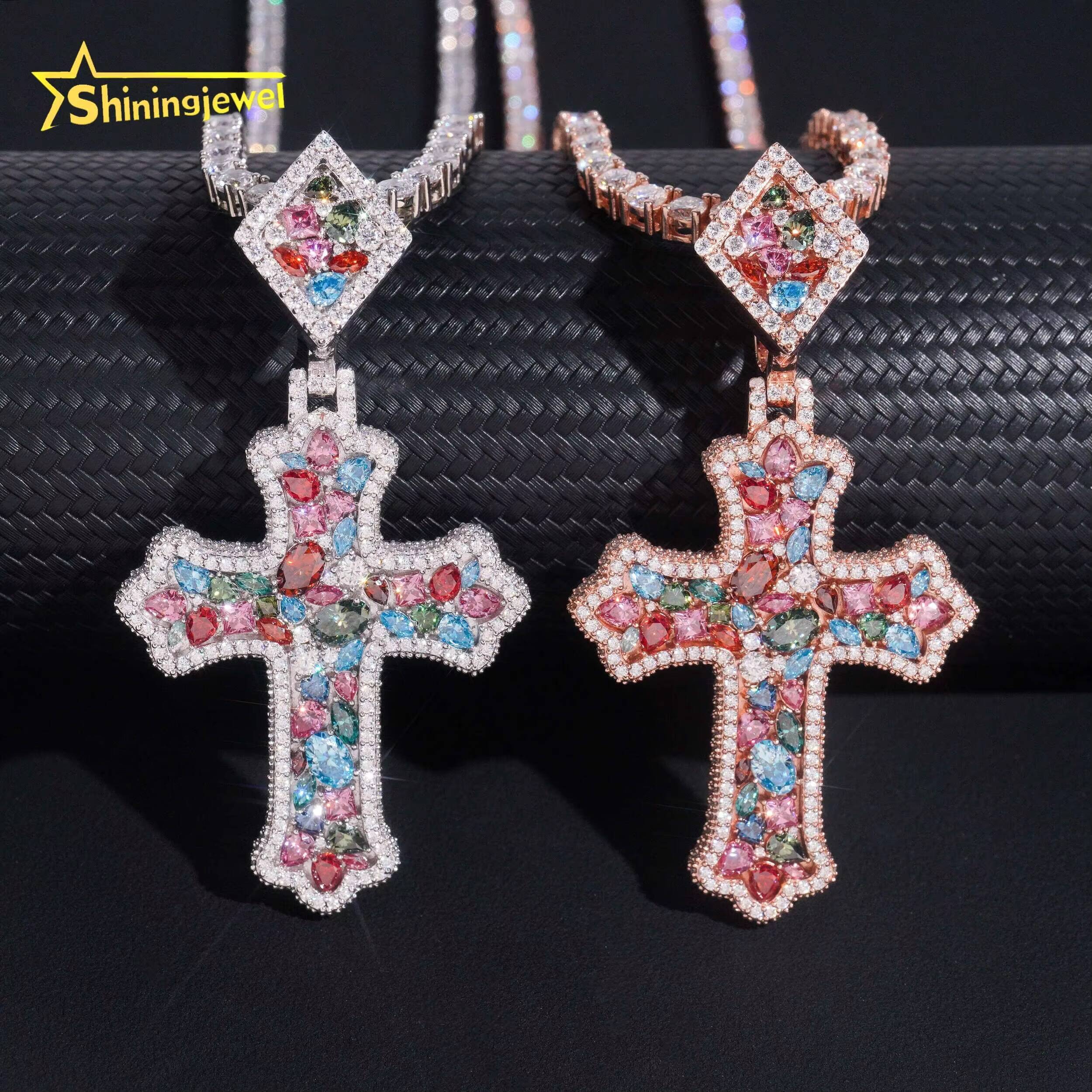 Luxury GRA Certificated Fancy Cut Colored Moissanite Cross Pendant 925 Silver Hip Hop Men Women Iced Out Mossanite Pendants