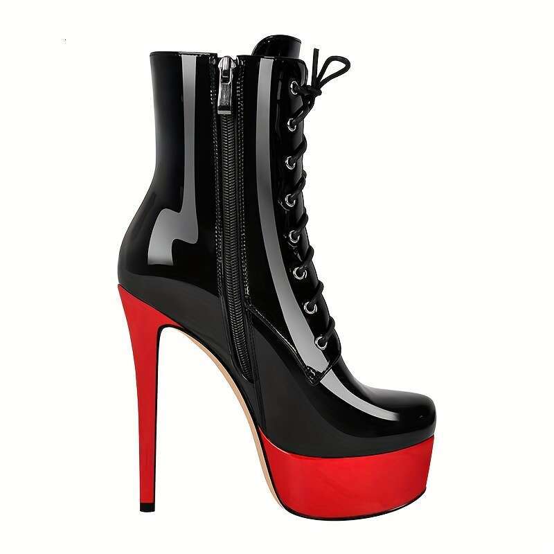 Women's Black Faux Cover High Heel Ankle With Side Zipper, Red Sole Lace-Up Detail - Stylish Platform Short Boots For Parties & Events