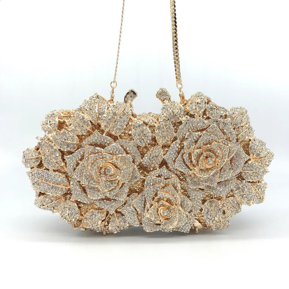 Golden Silver Crystals Evening Bags Fashion Rose Flower Diamonds Clutch Bags Soiree Purse Women Wedding Bride Handbags 251023CJ