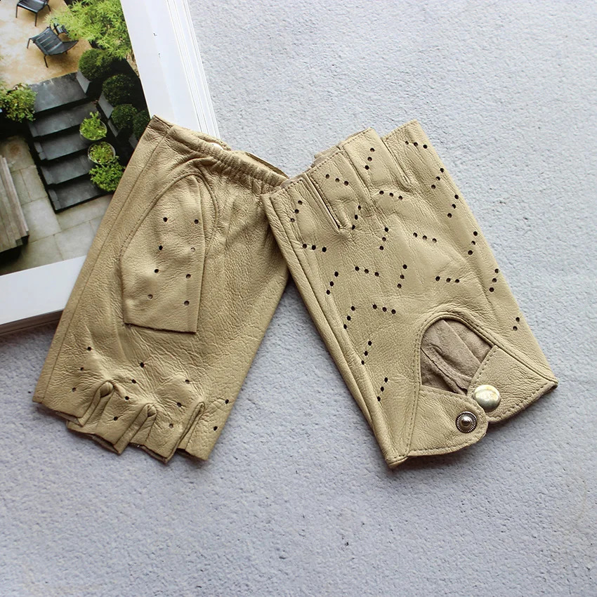 Leather HalfFinger Gloves Female Fitness Fashion Driver Driving SingleLayer Unlined Hollow Short Motorcycle Riding Gloves 251027