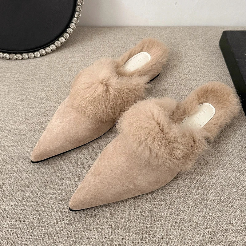 Womens Fashion Baotou Slippers Winter Pointed Head Deep Mouth Suede Antislip Wearresistant Flat Shoes 251023