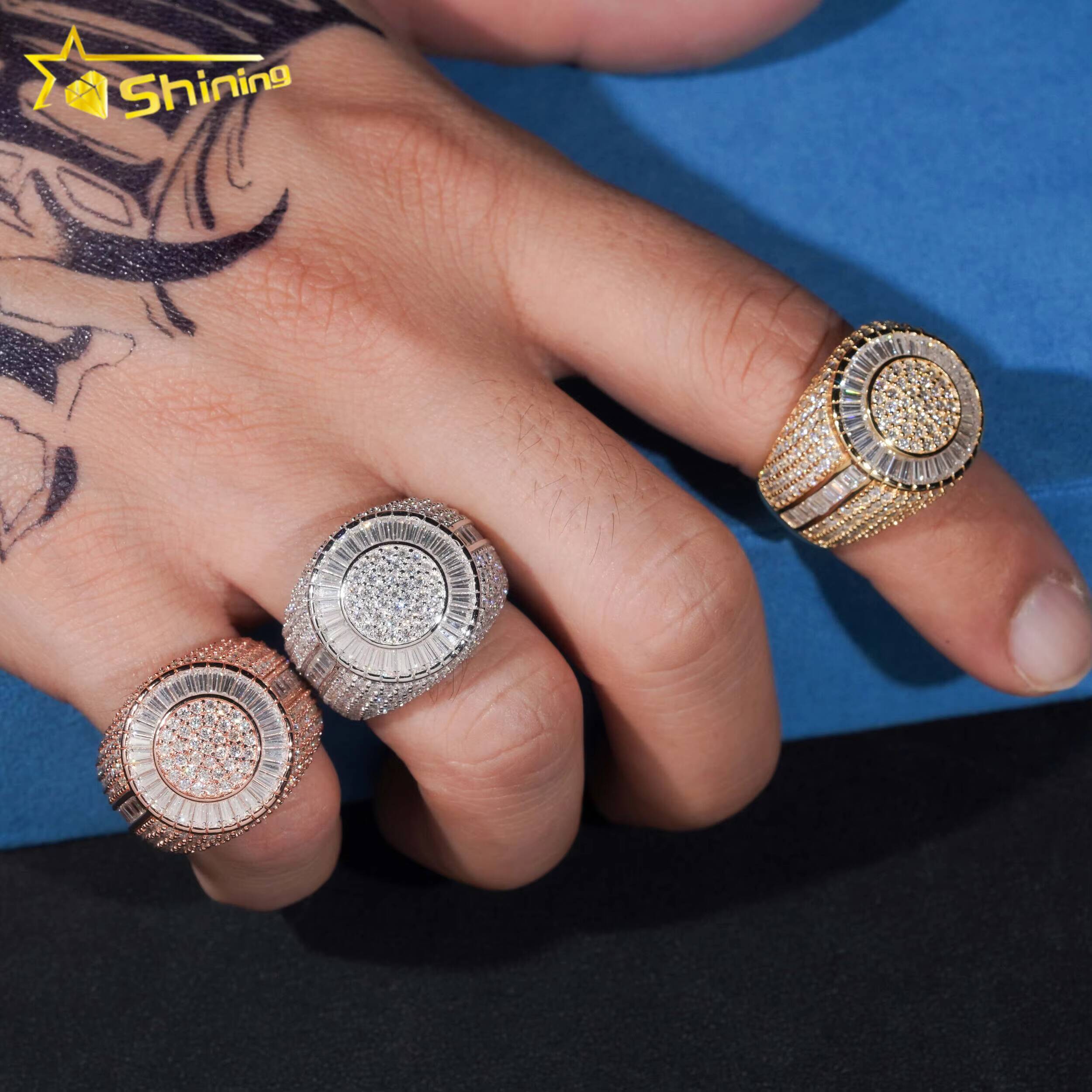 Ready to Ship New Arrival Iced Out Baguette Moissanite Diamond 925 Silver Gold Plated Hip Hop Rings for Men