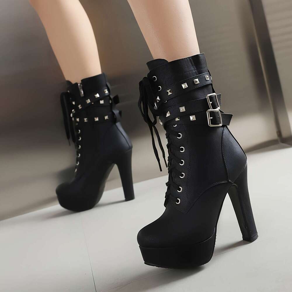 Women's Knee-High Boots, Fashion Punk Style, Round Toe, Lace-Up Closure, Block Heel, With Rivet Ankle Strap Detail, PU Upper, Superfine Fiber Lin