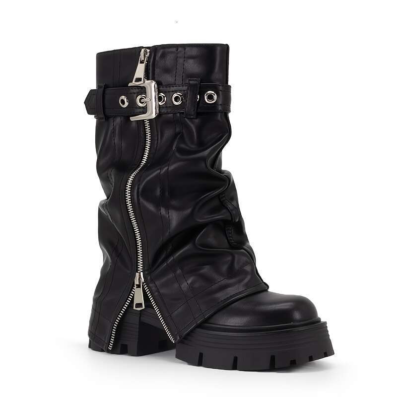 GOGD Women's European/American Style Fold Mid Calf Boots, Black, Round Toe, Platform Heel, Zipper, Chunky, Hand Washable, Solid Color, Short, Pul