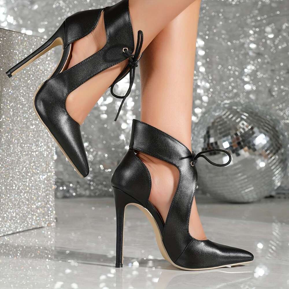 Elegant Black Lace-Up High - 12Cm Stiletto With Bow Detail, Pointed Toe, Comfortable PU Cover, Versatile Work Shoes For Women, Stylish Dressy