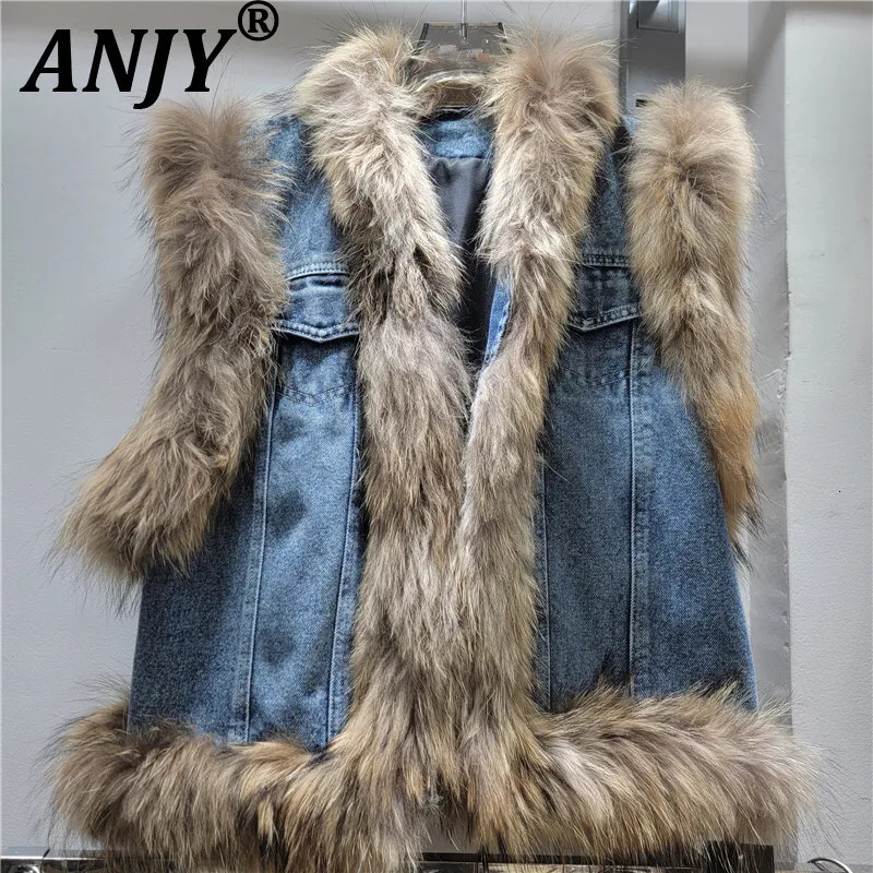 ANJY 2025 Autumn Winter Women European Fashionable Denim Patchwork Fur Jacket Vest Trendy Street Sleeveless Waistcoat A13523 251027