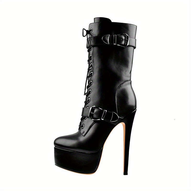 Women's Black Faux Cover Ankle With Double Buckles, Decorative Straps, And Side Zipper - High Heel Platform Short Boots For Fashionable Style, St