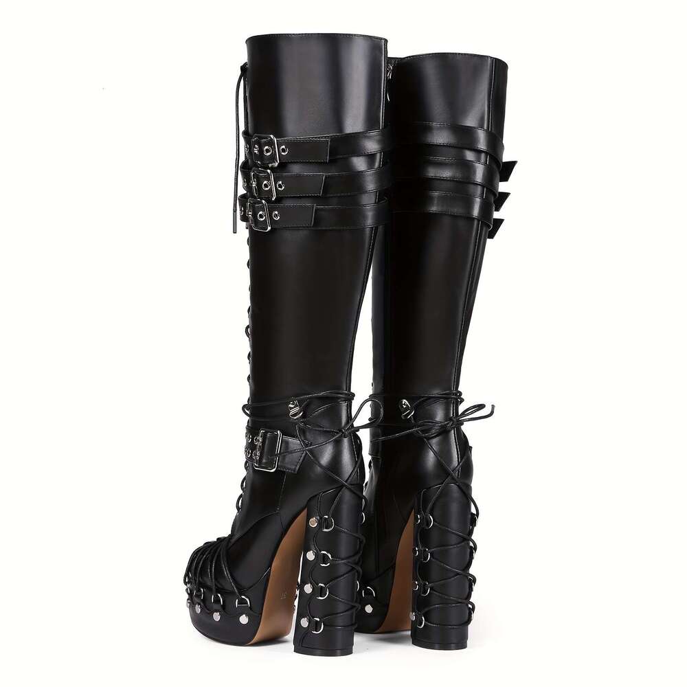 Women's Chunky Knee-High Boots With Adjustable Buckle Straps Tie Rope, Toe, Zipper Closure Faux Cover Upper, Rubber Sole, Plush Lining All-Day Co