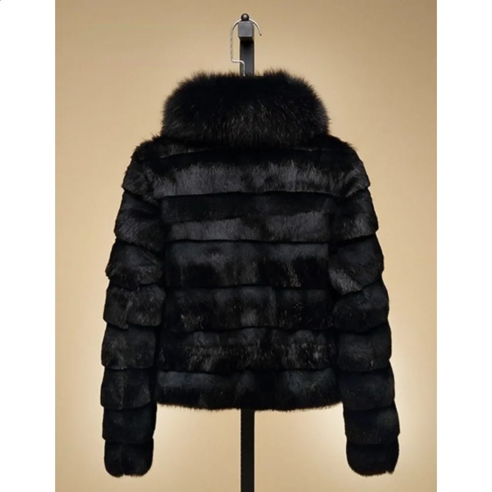 OFTBUY Rabbit Fur Coat with Fox Fur Collar Women Full Pelt Fox Fur Jacket Winter Rabbit Fur Waistcoat High Street 251027