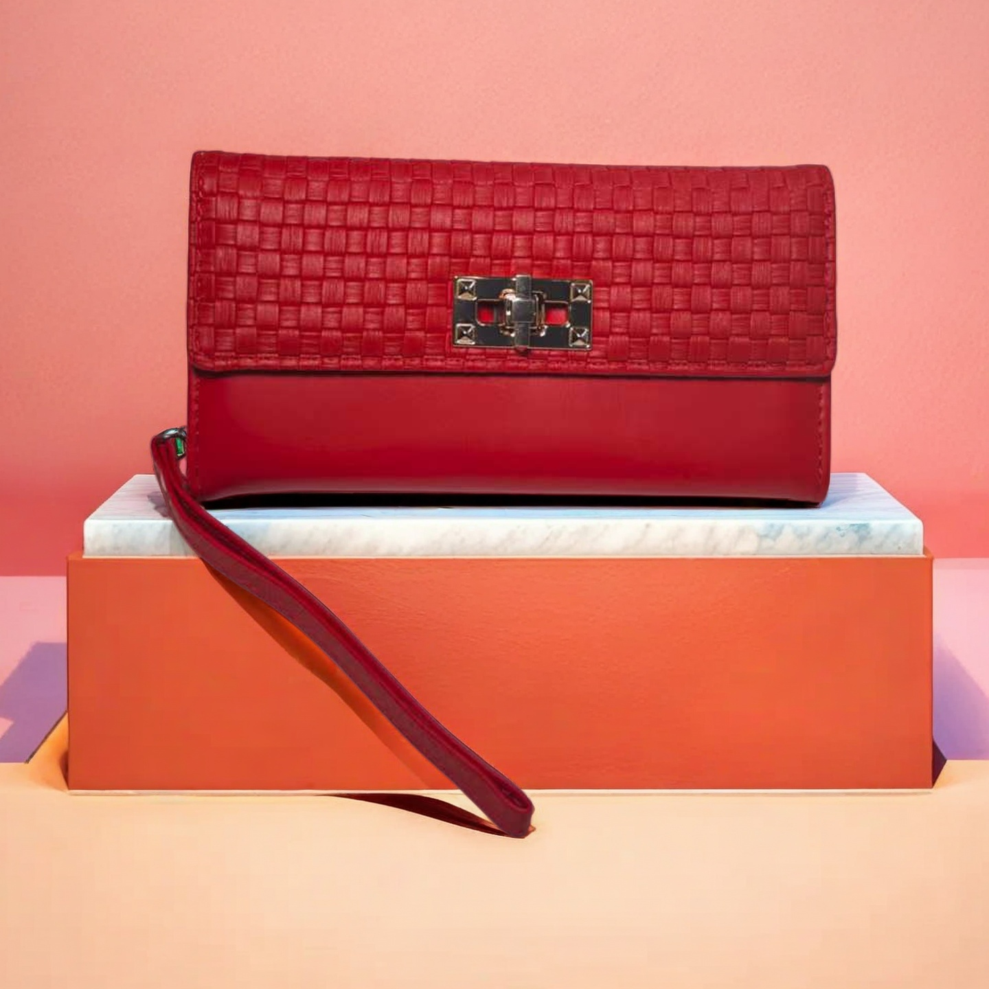 Wallets Women's Pink Woven Leather Clutch Wallet with Wristlet Strap - Gold Lock Accent, Textured Design, Large Capacity Purse for Daily & Party 