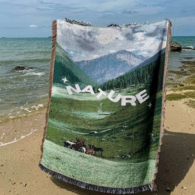Mountain Landscape Picnic Sofa Throw Tapestry Cover Jacquard Woven Thread Blanket