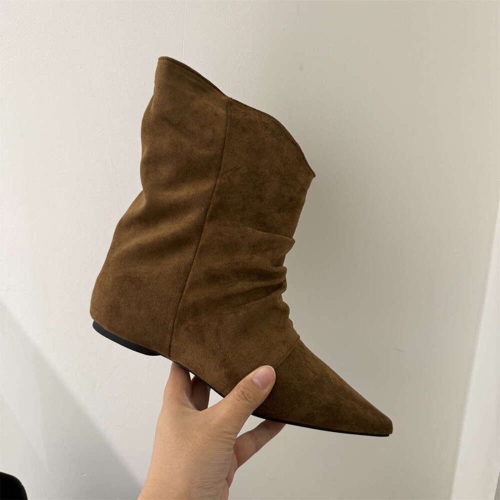 Women's 2025 Autumn Slim High-Heel Boots - Designer Khaki Slouchy Short Boots, Single Pointed Toe with Inner Height Increase