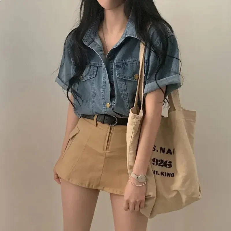 Korean Style Short Sleeve Denim Jacket Thin Outerwear Summer Vintage Womens Top Layered Clothing Cotton Material 251015