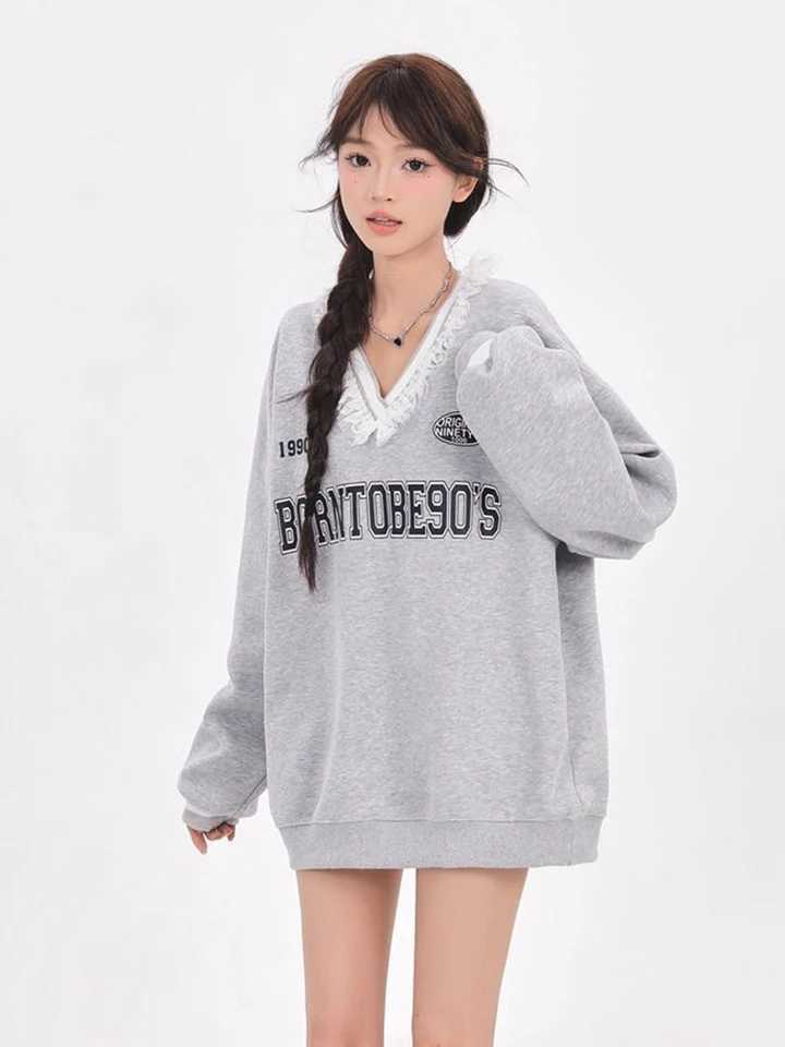 Jmprs Lace Patchwork Y2K Sweatshirts Women Streetwear Retro Loose Letter Pullovers American Casual Long Sleeve Harajuku Tops New J251028