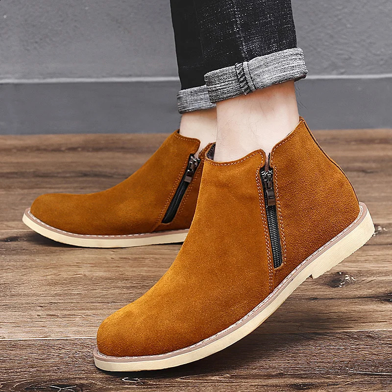 Vintage Basic Sand Color Men Suede Chelsea Boots Natural Leather Zip Pointed Toe Formal Ankle Boots Men Wood Zapatillas Hombre 251023