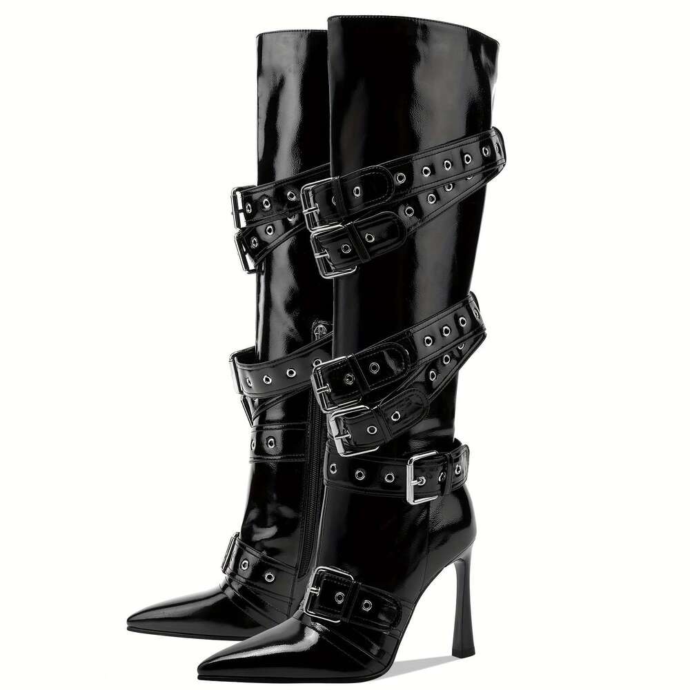 Elegant Women' Black Kitten Heel Knee-High Boot - Sexy Pointed Toe With Buckle Rivet, Fahionable Cover, Side Zipper, Perfect For Fall & Winter Ou
