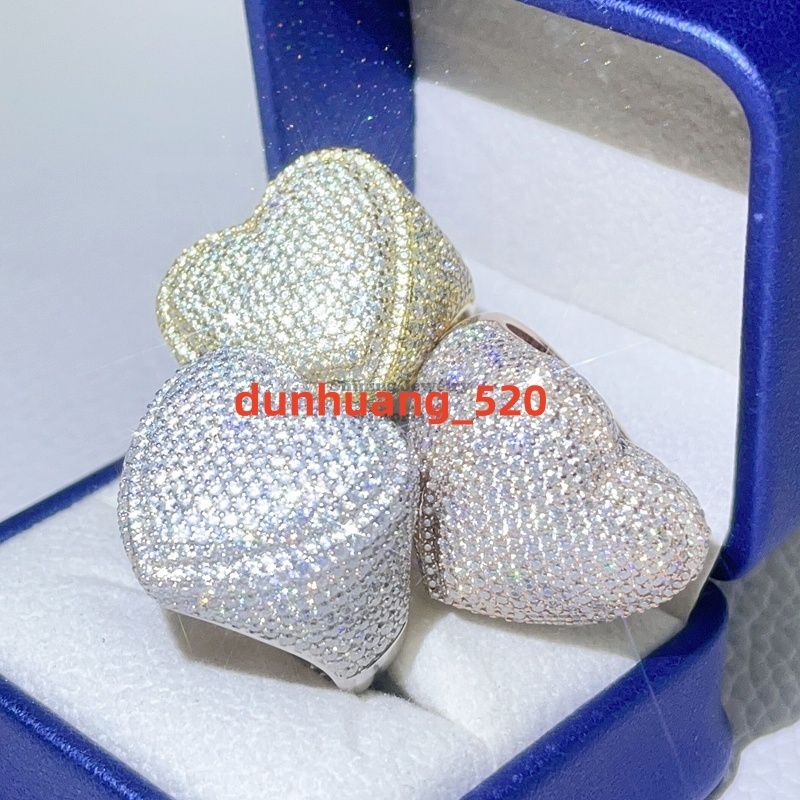Hip Hop Men Women Iced Out Vvs Moissanite Diamond Micro Pave Heart Ring