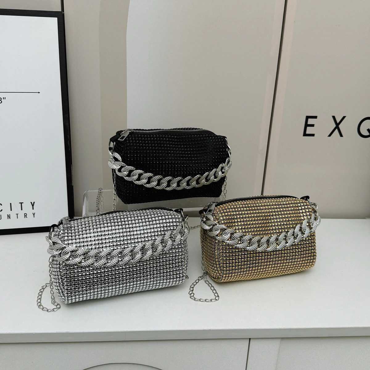 Glamorous Evening Bag Shoulder Handbag for Women Shiny Rhinestone Chain Handle PVC Materialfor Party Gala Formal EventsW251028